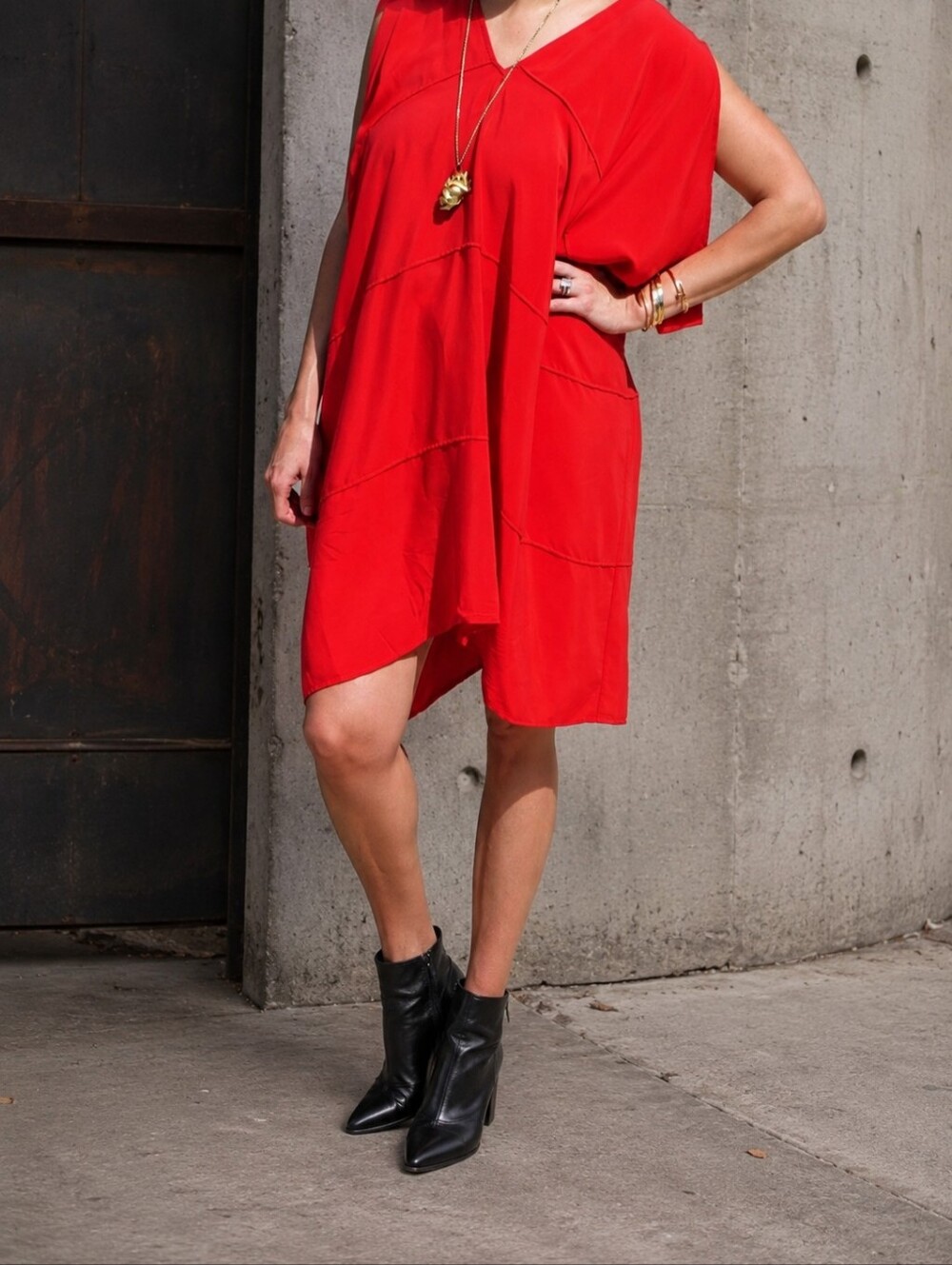 Zero + Maria Cornejo Red Silk Draped Asymmetric Tunic Kaftan Dress Size S